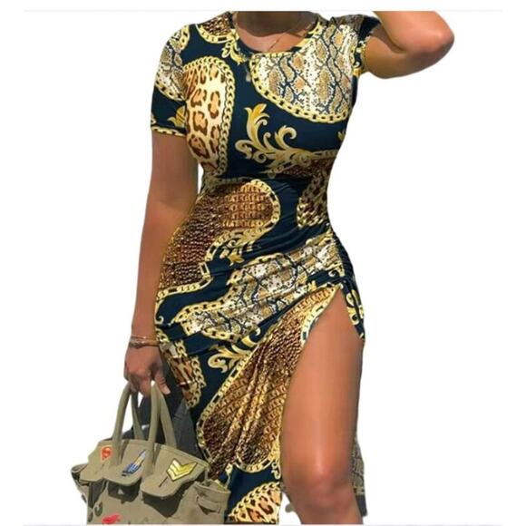 animal print  & Chain Print Drawstring Dress size M - Picture 1 of 4